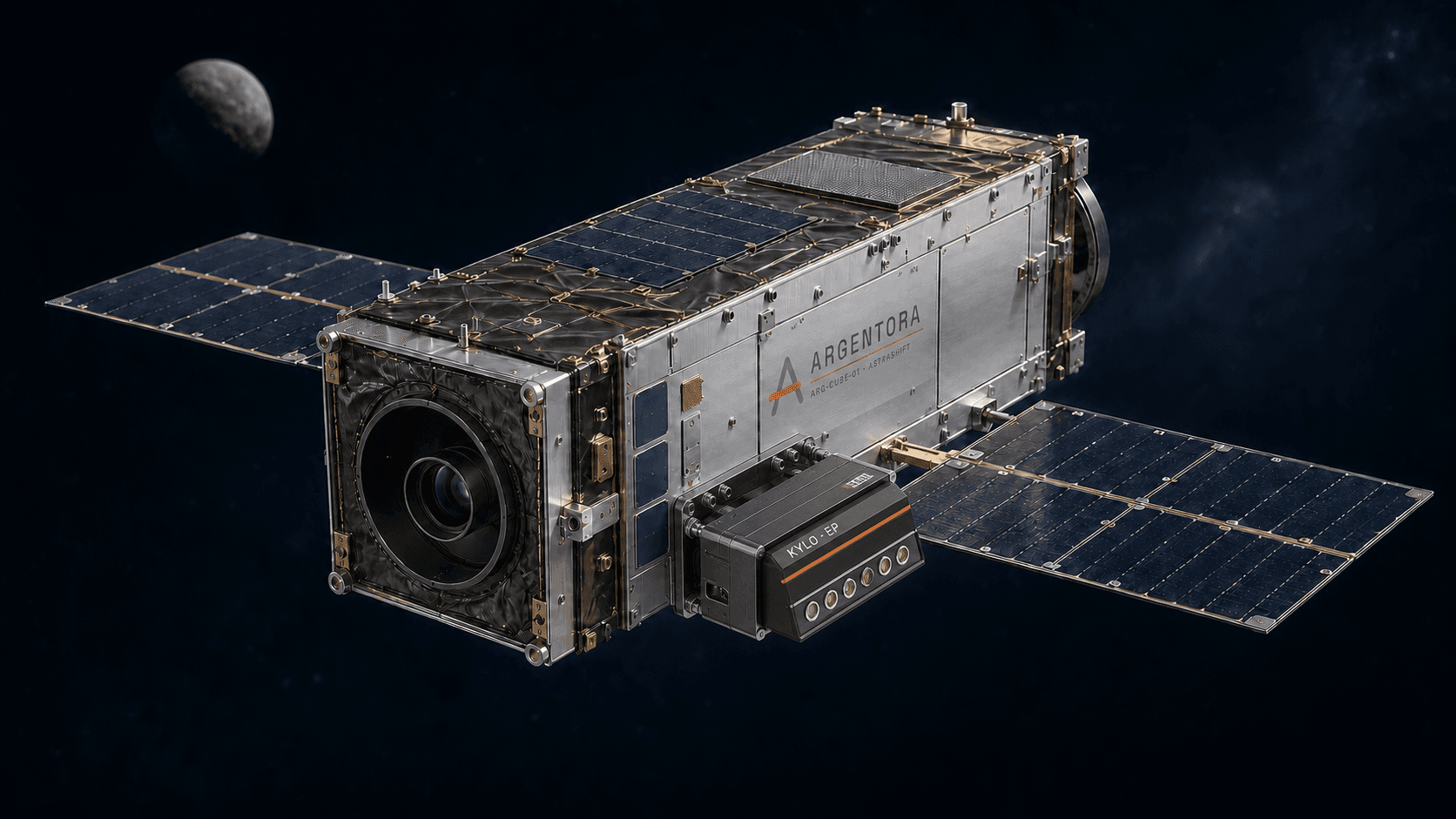 AstraNode relay-node configuration with opposed optical terminals, deployable solar wings, and a side-mounted propulsion module